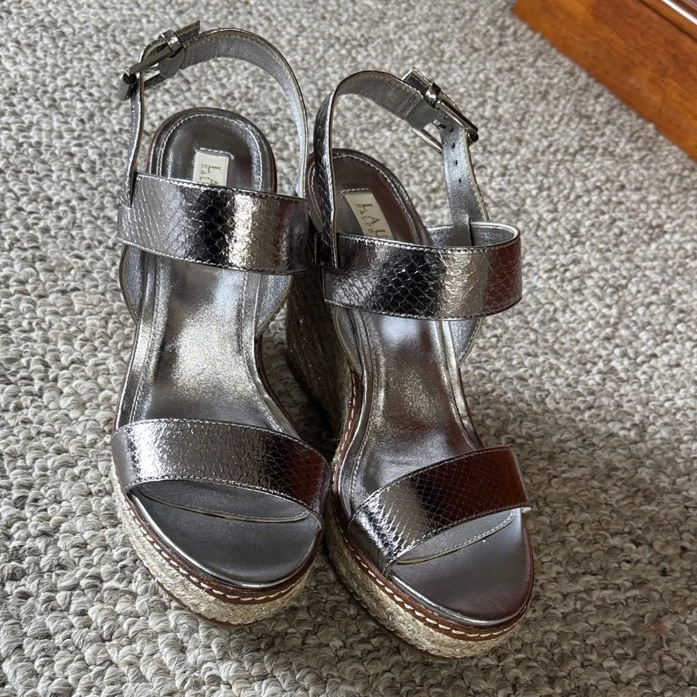 Ralph Lauren Silver Leather Wedge Sandals - Picture 2 of 3